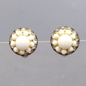 Vintage Crystal Halo Floral Earrings, Classic White Milk Glass Flower, Clip On